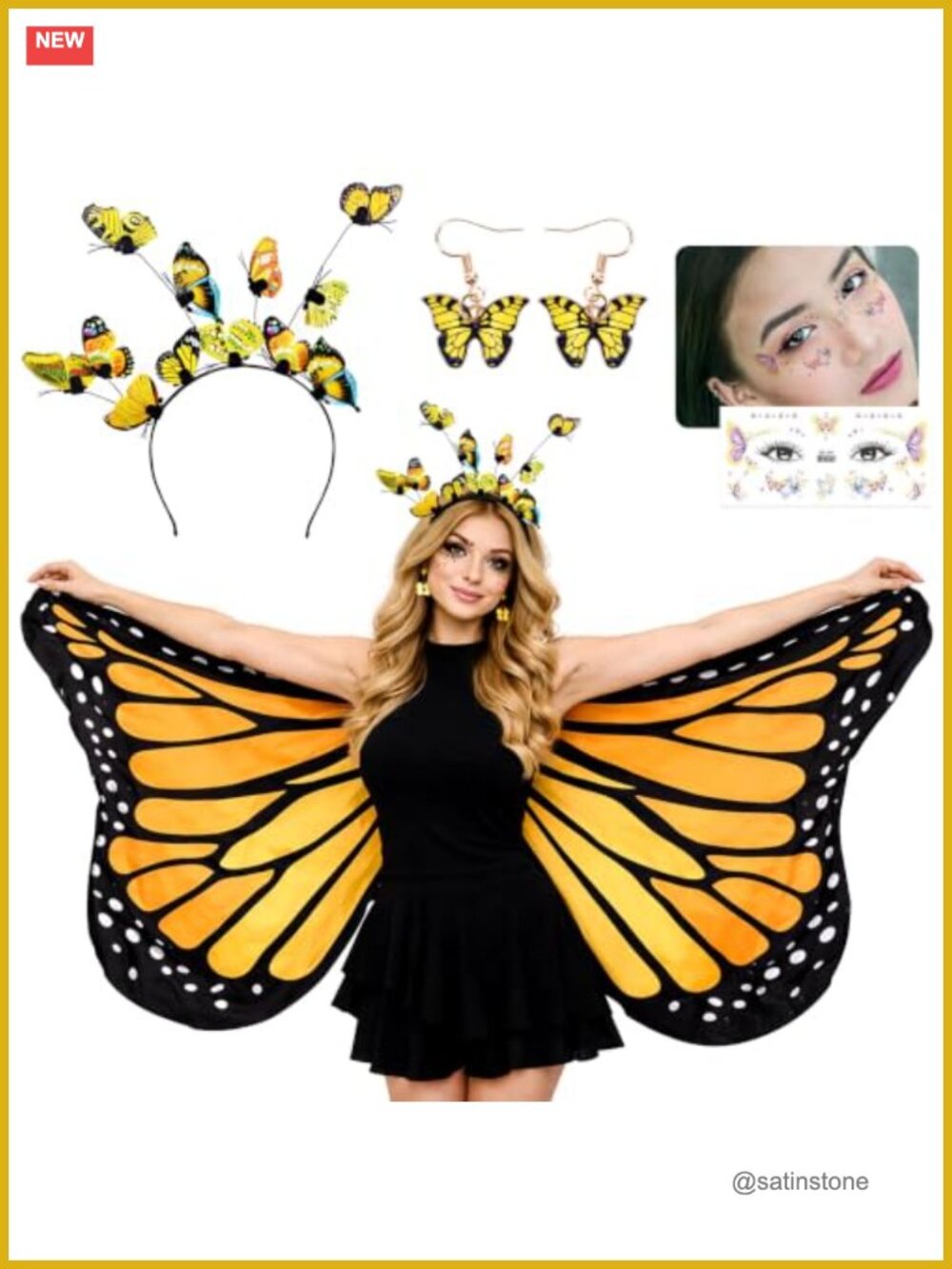 Monarch Butterfly Wings Costume Cape Set Headband Earrings Tattoos Adult